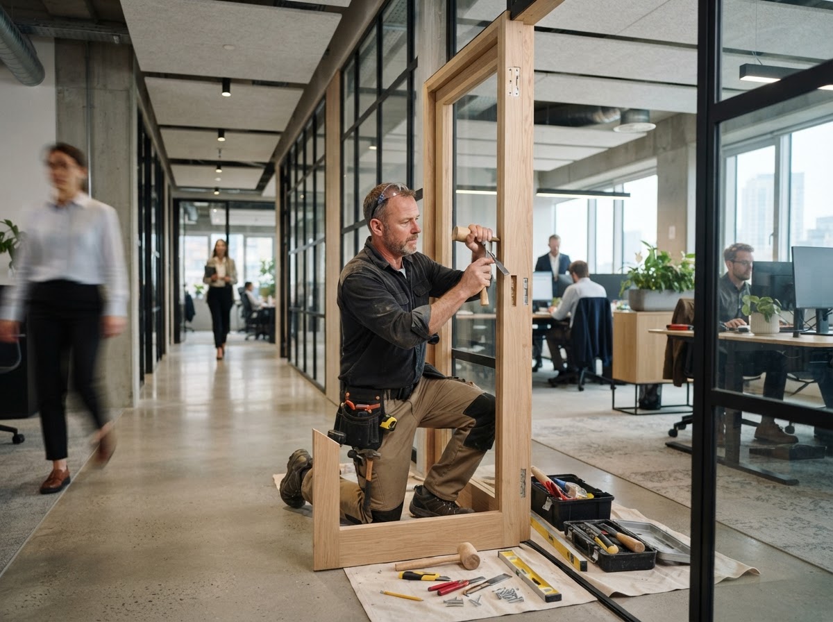 Carpenter adjusting a wooden door frame in a commercial office interior