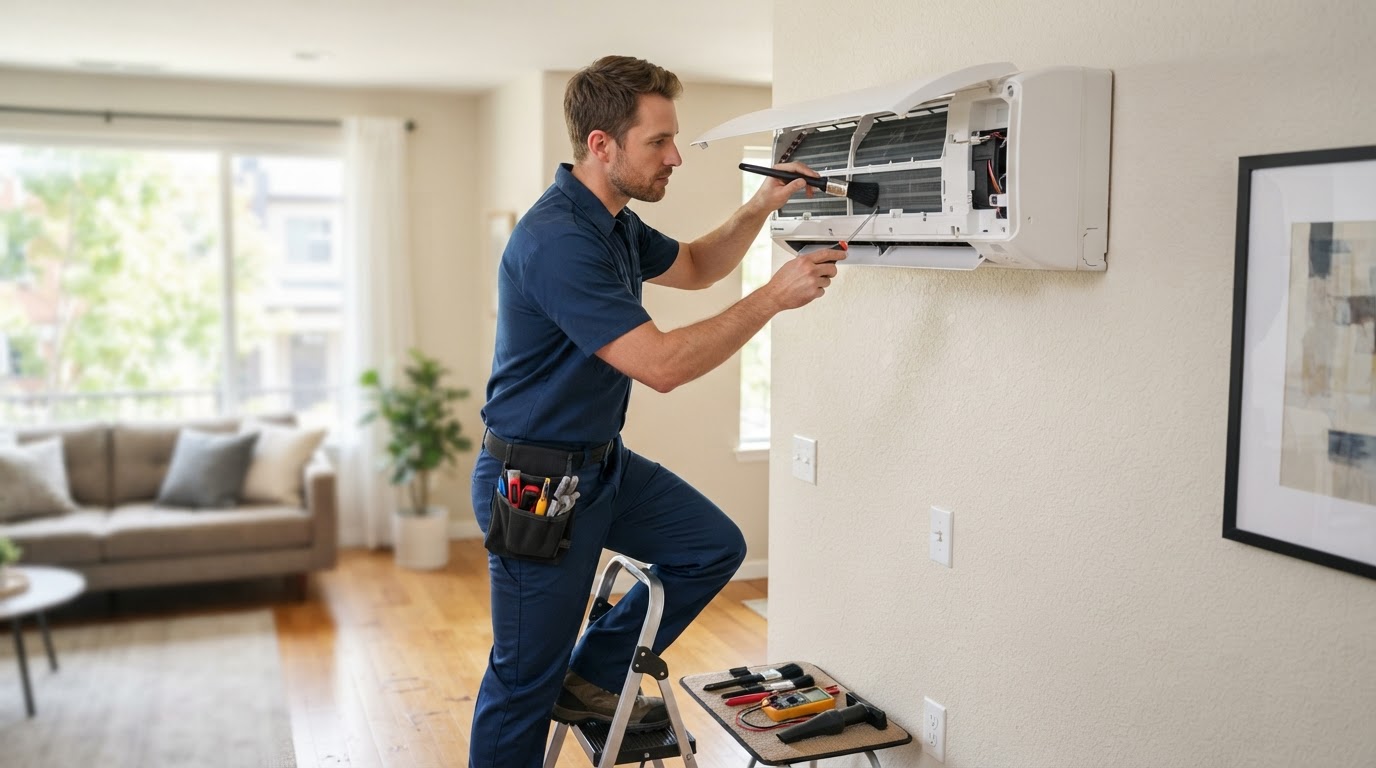 HVAC technician servicing a modern wall-mounted air conditioning unit in a residential interior