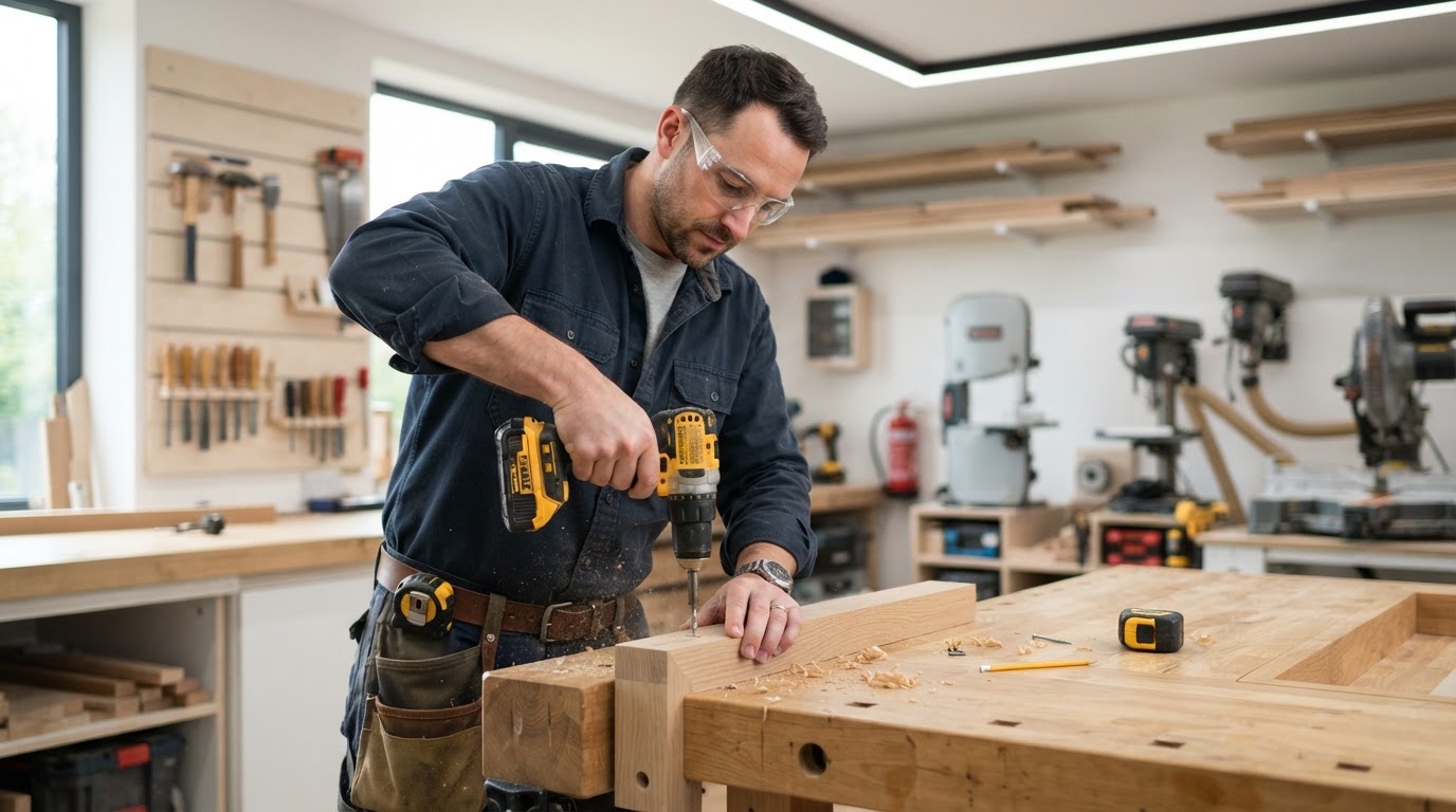 Professional tradesperson using a power drill on a wooden workpiece in a workshop