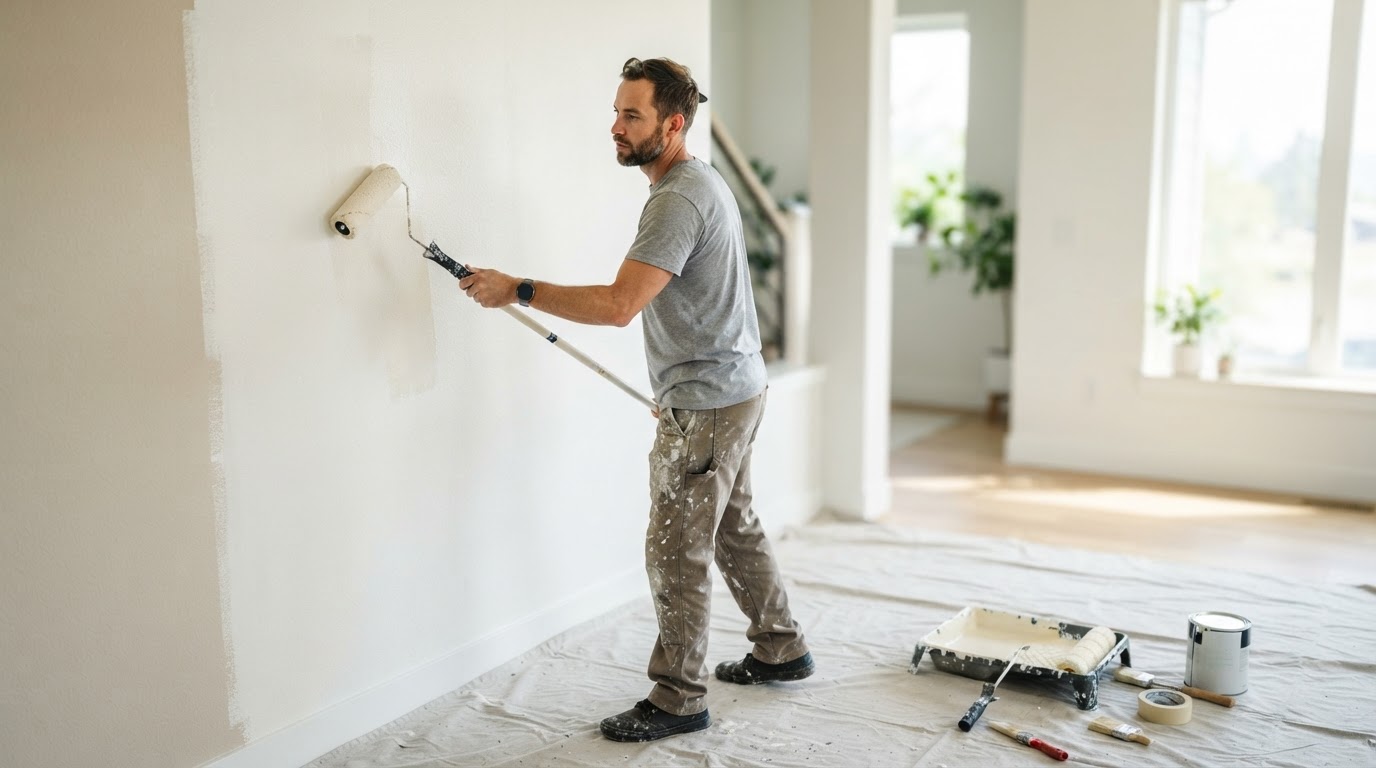 Interior painting project with ladder, roller, paint bucket and freshly painted wall
