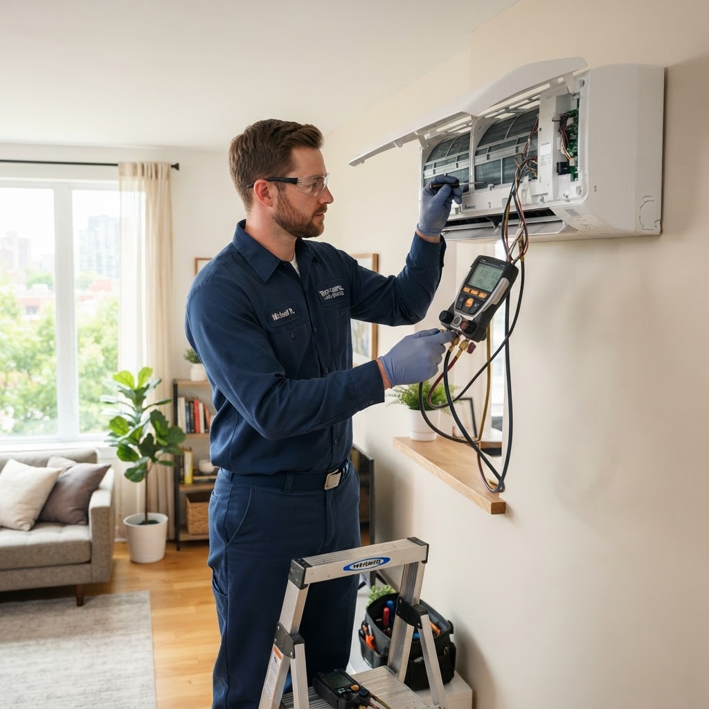 HVAC technician servicing a wall-mounted air conditioning unit