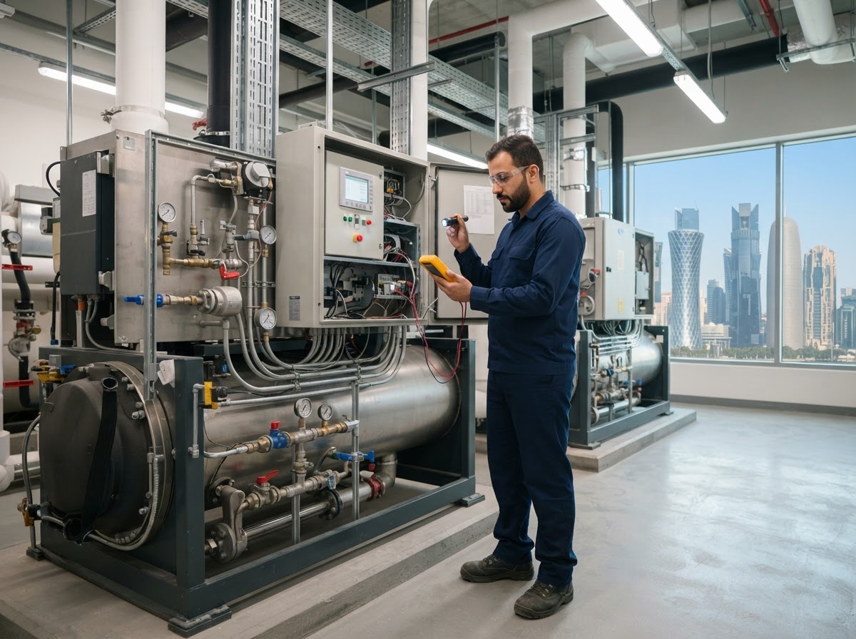 Woof Maintenance Services technician inspecting equipment in Qatar