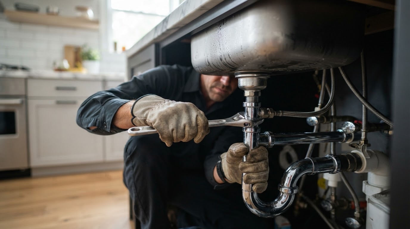 Professional technician working on plumbing installation beneath a sink with tools