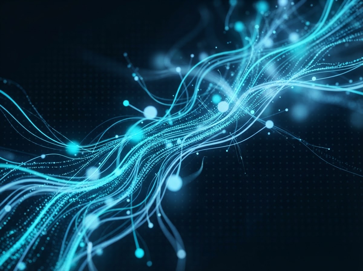 Abstract AI visualisation with glowing cyan particle streams on a dark navy background