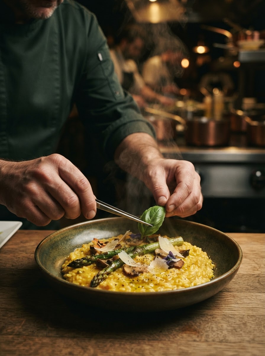 Chef's hands plating a Provençal dish with fresh herbs in a warm kitchen
