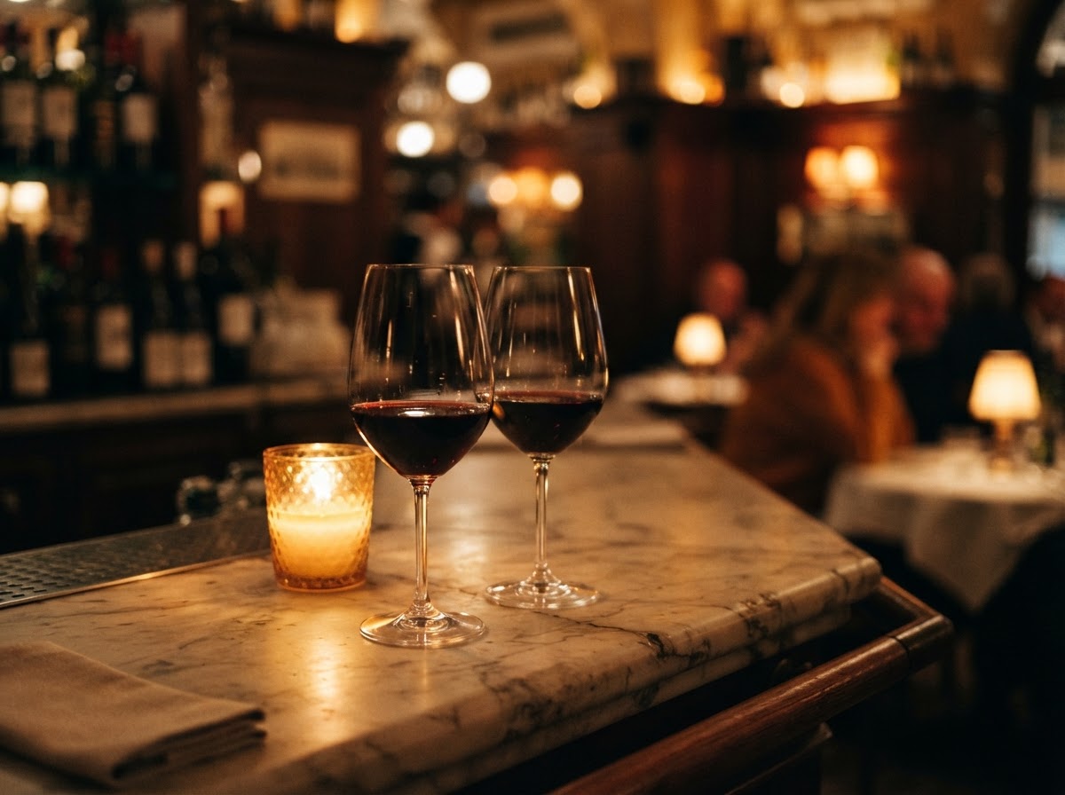 Two glasses of red wine on a marble bar in candlelight