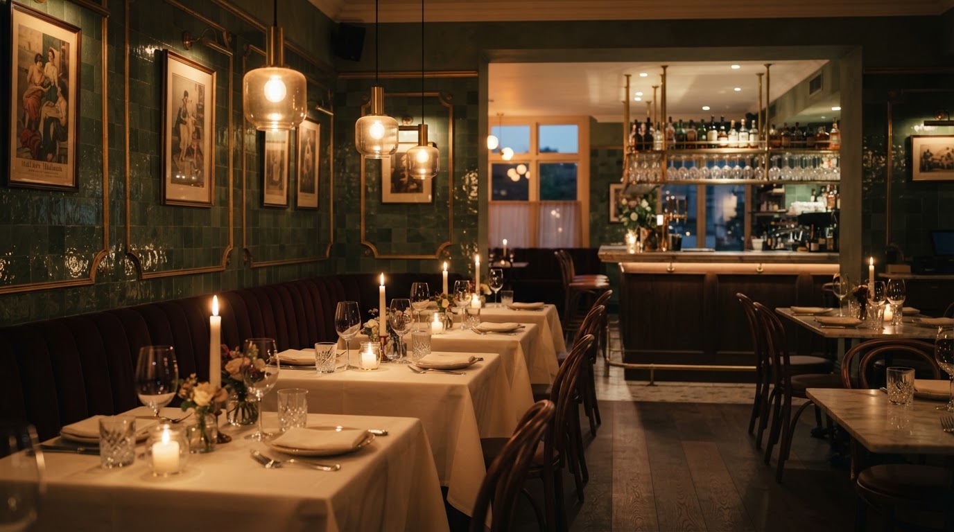 Elegant candlelit French dining room with velvet banquette seating
