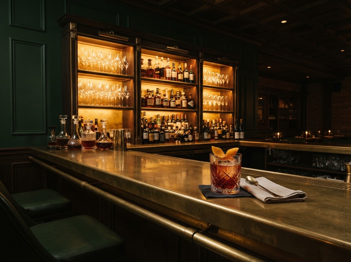 Warm French restaurant bar with golden backlit glassware