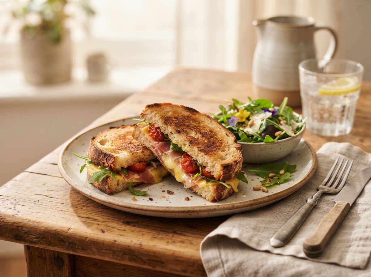 A toasted sourdough sandwich cut in half with a side salad
