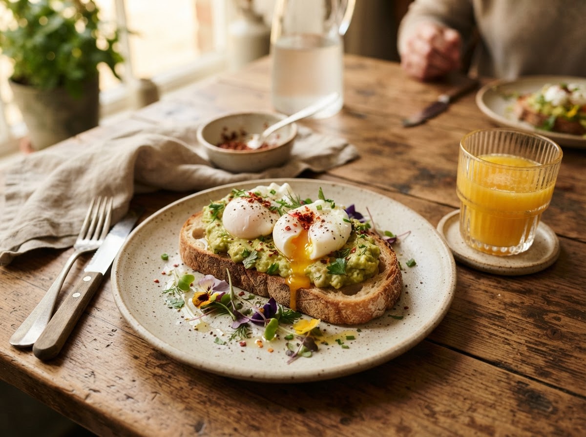 A brunch plate of poached eggs on sourdough with avocado