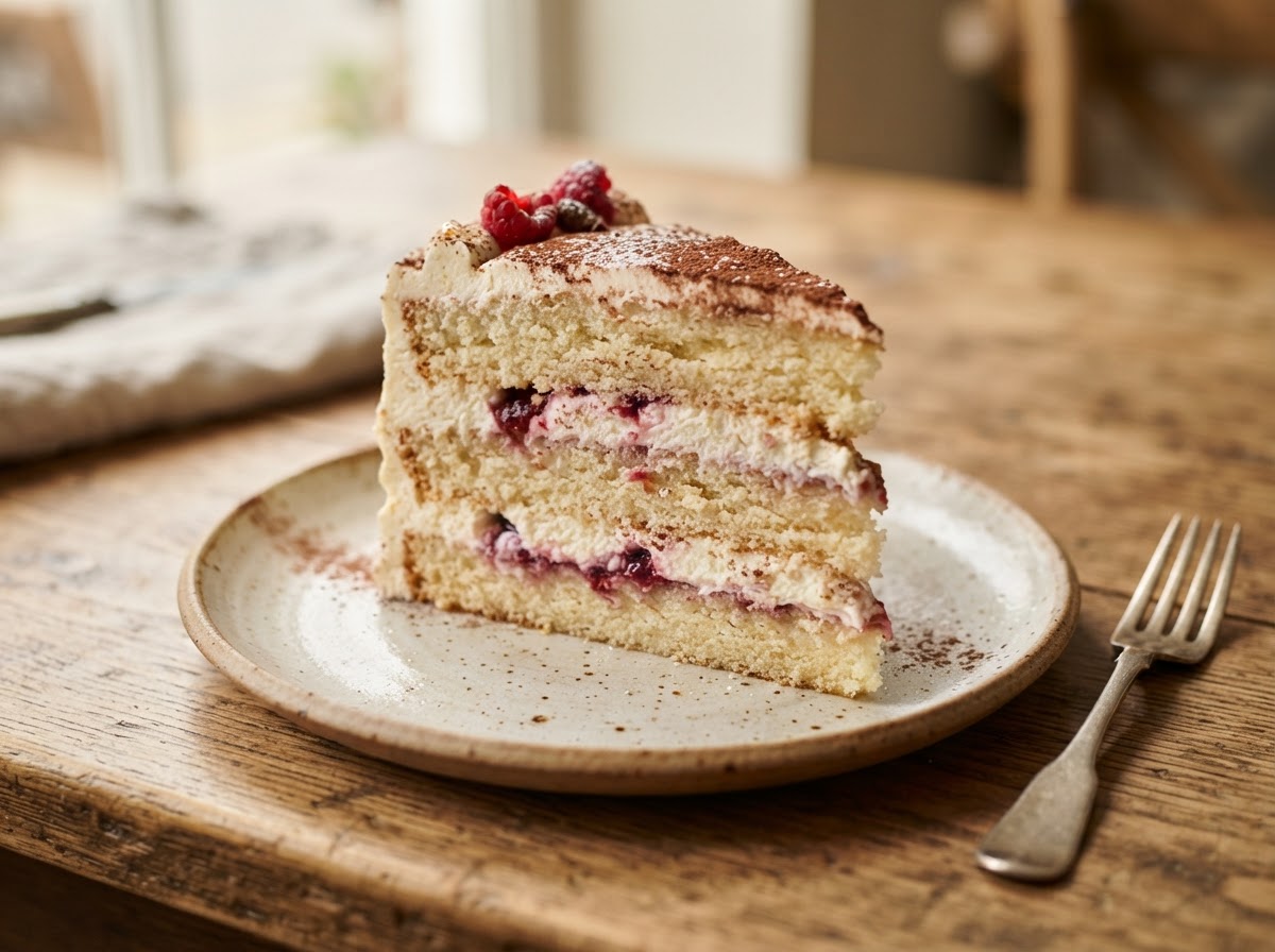 A slice of layered sponge cake dusted with cocoa
