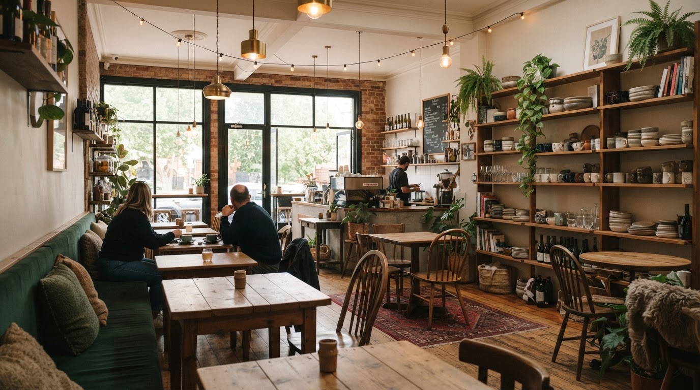 The warm timber interior of The Copper Cup with banquette seating and pendant lights