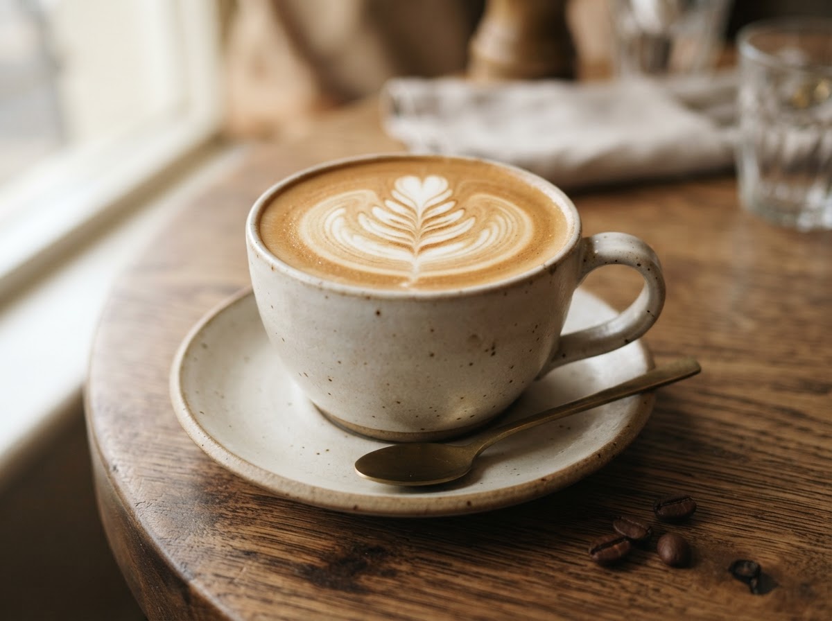 A flat white with latte art in a stoneware cup on a warm timber table