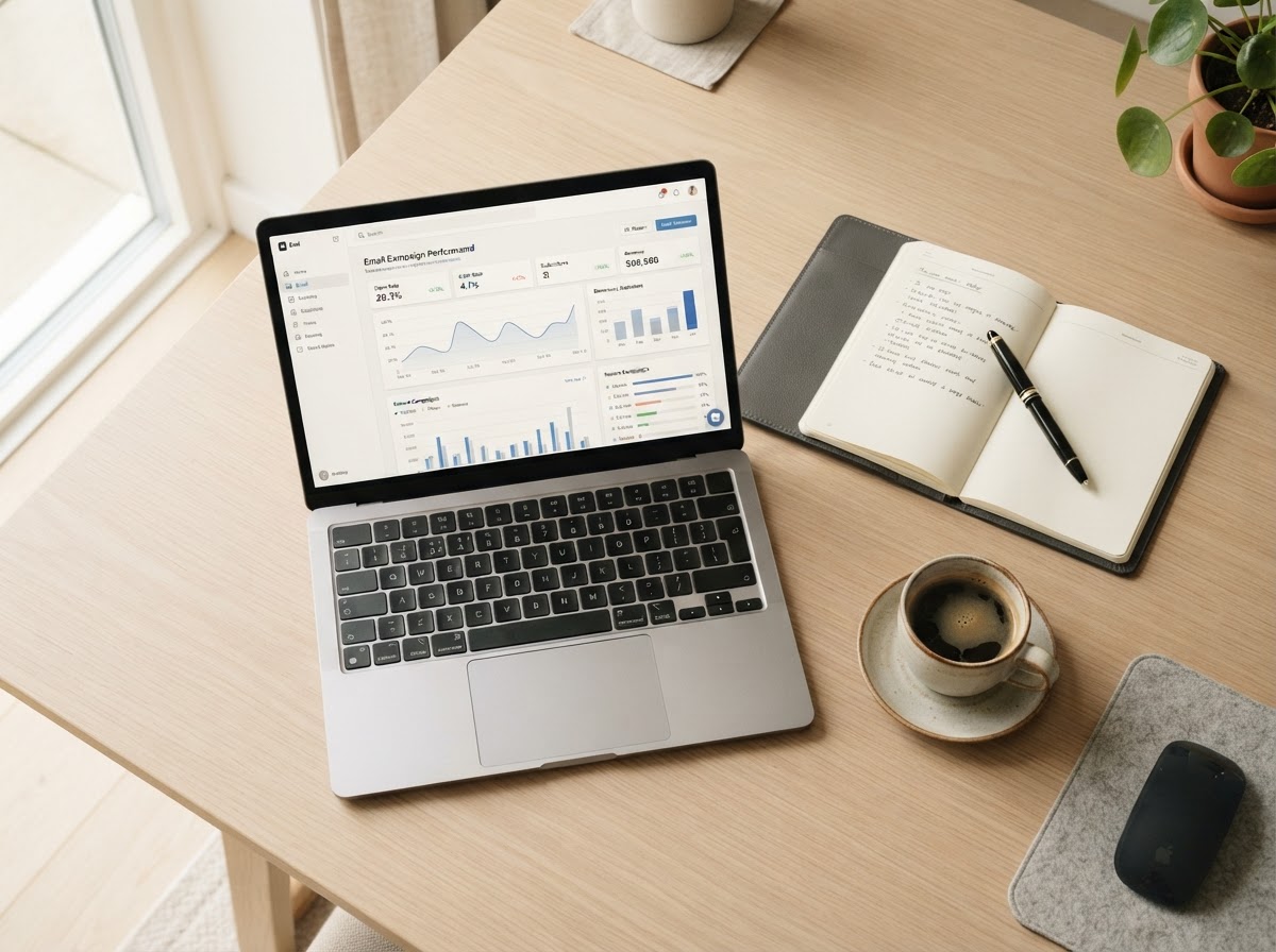 Aisel's workspace: laptop showing email marketing dashboards