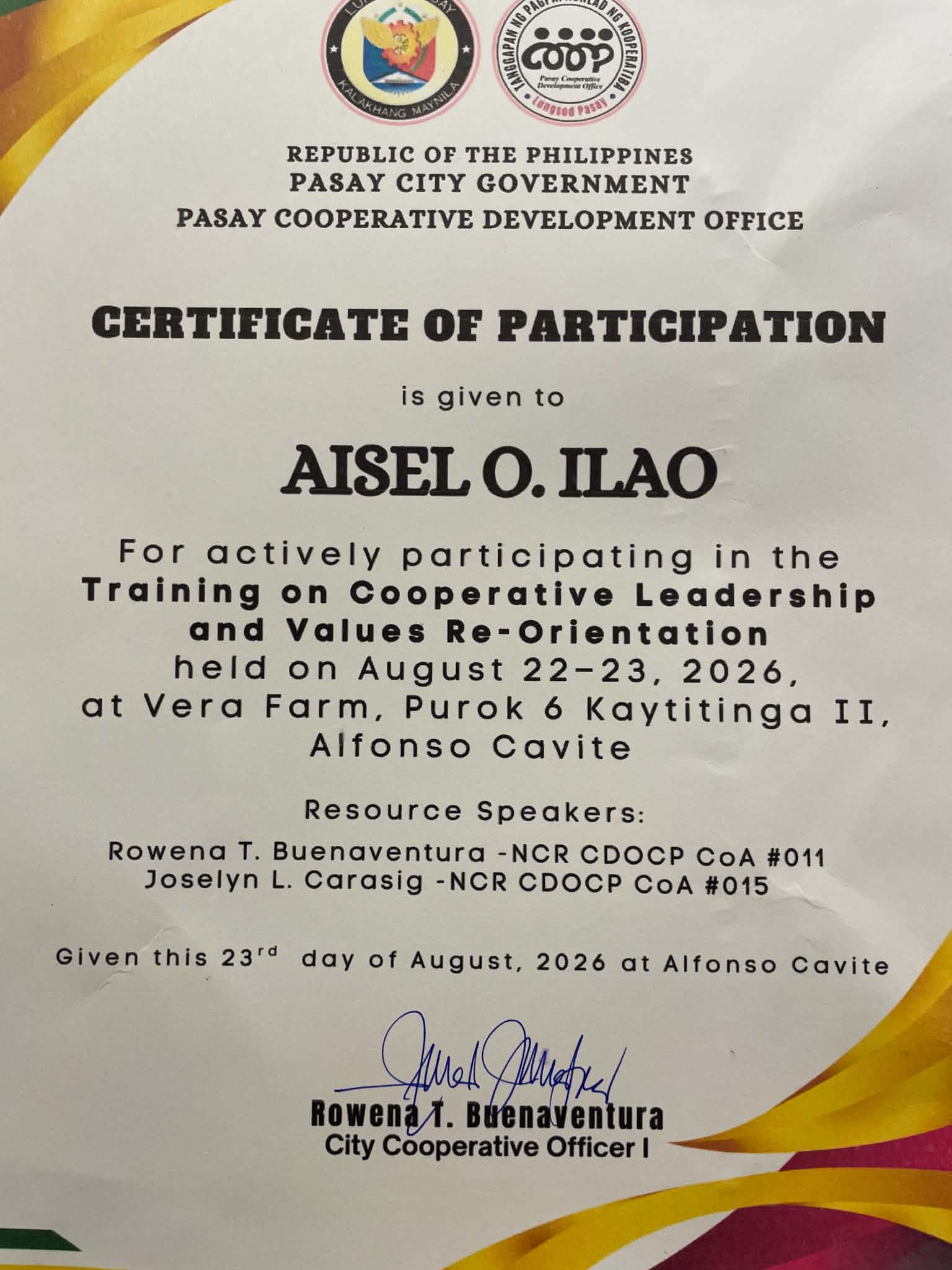 Certificate for Training on Cooperative Leadership and Values Re-Orientation awarded to Aisel Ilao