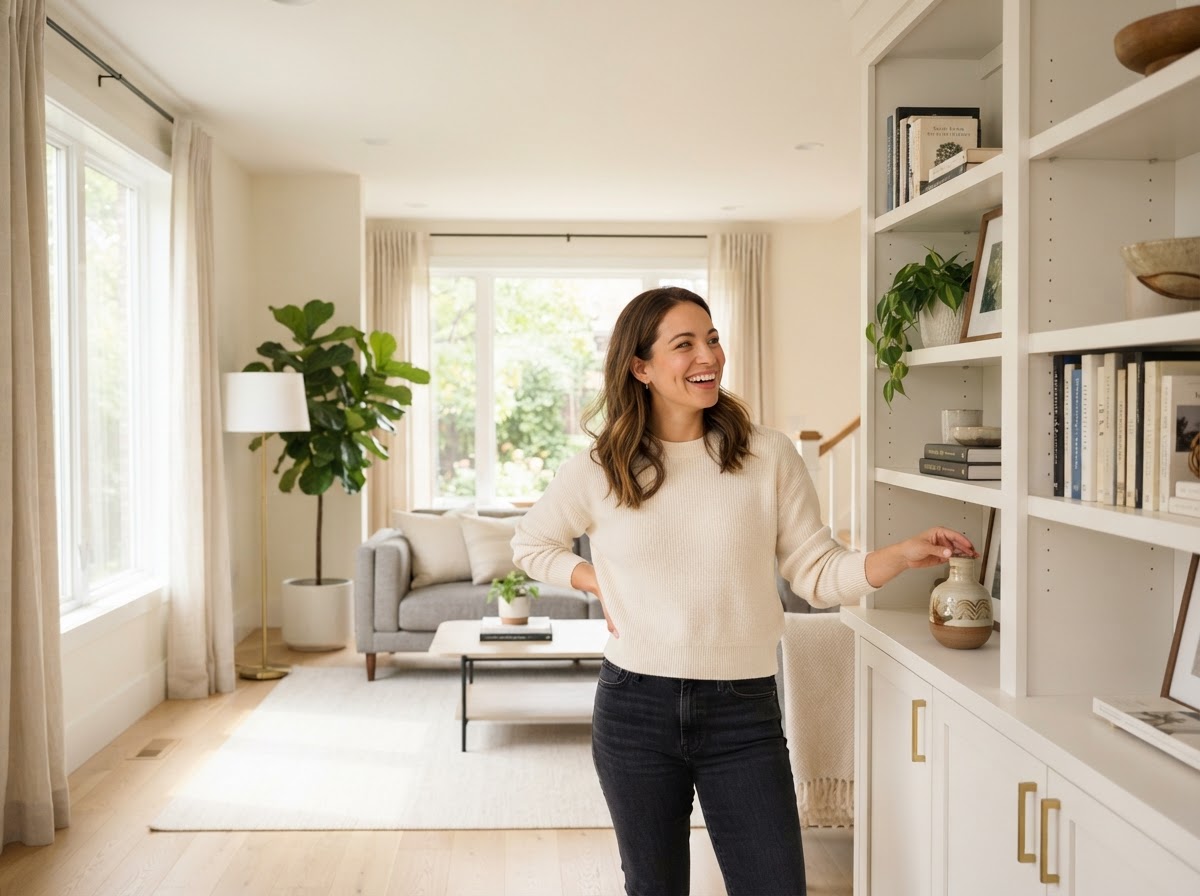 Homeowner relaxed in clean living room after completed repairs