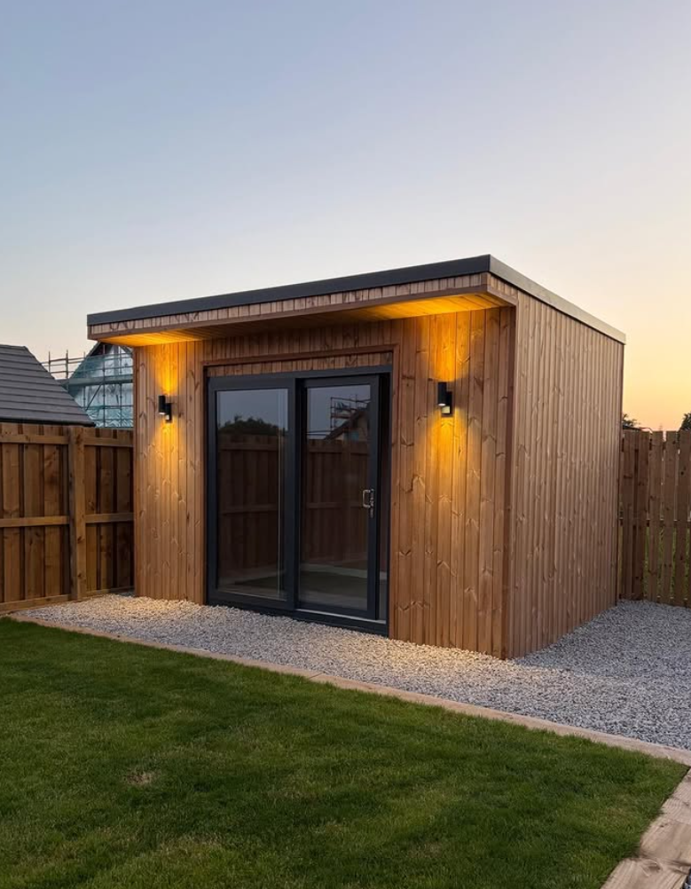 Bespoke cedar-clad outdoor garden office with anthracite sliding doors, integrated warm lighting and garden patio by SJ Joinery & Building