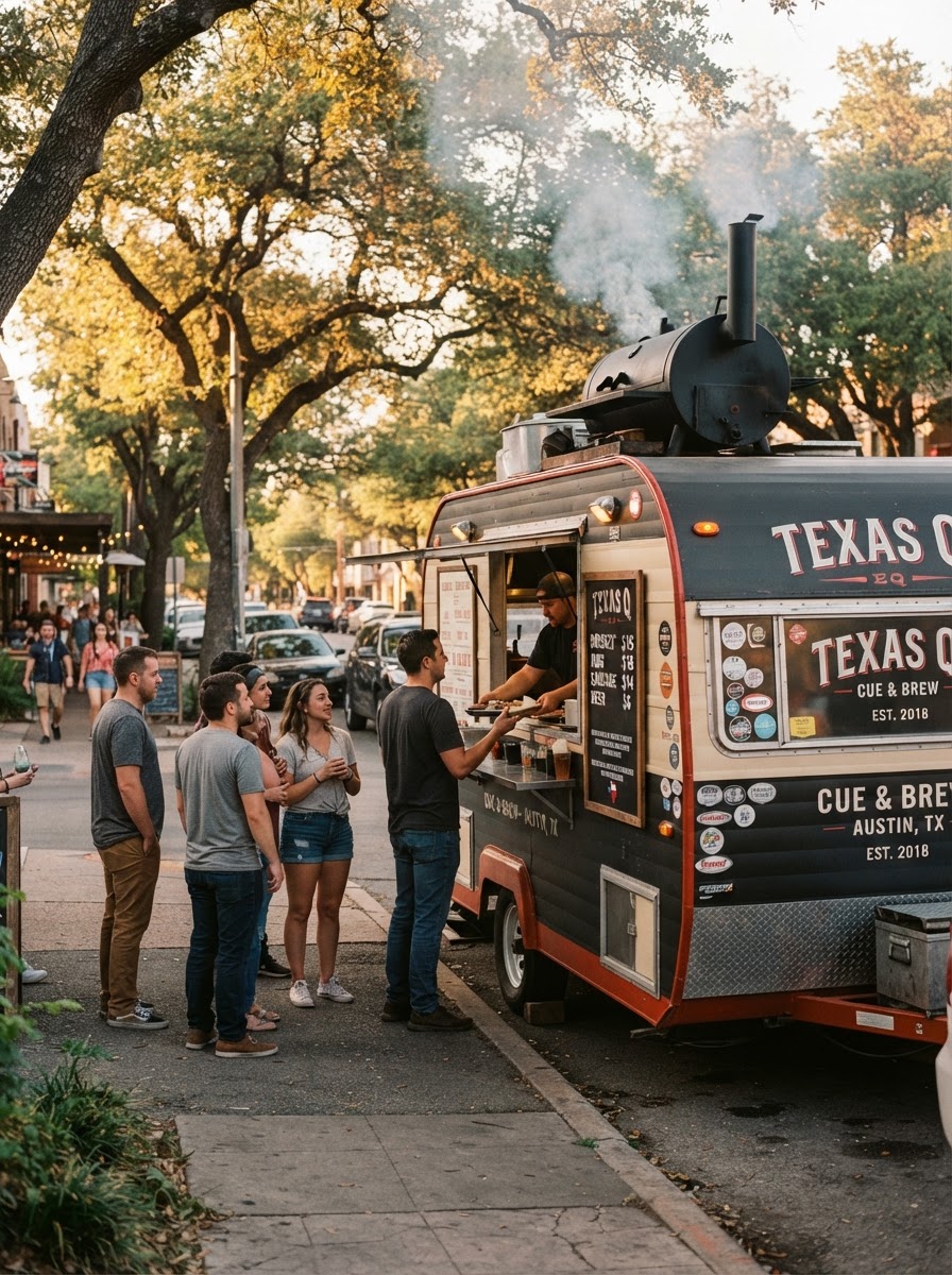 HARDWOOD & CO. food truck parked on a tree-lined street at golden hour