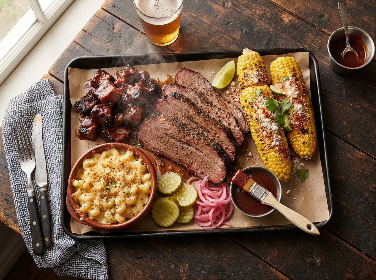 Overhead view of a loaded barbecue tray with sliced brisket, burnt ends, charred street corn, and sides