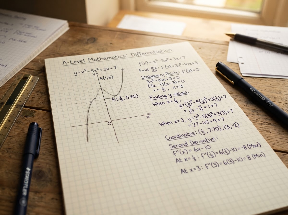 A graph of a curve with calculus working on paper for A-Level Maths