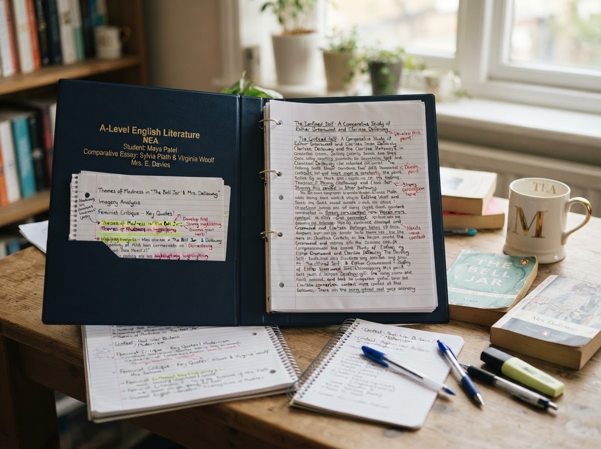 An essay plan written on sticky notes with paragraph structure and quotes for A-Level English