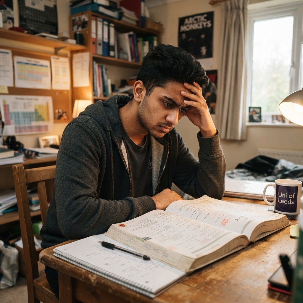 A Year 12 student frowning at a thick A-Level textbook open on a desk