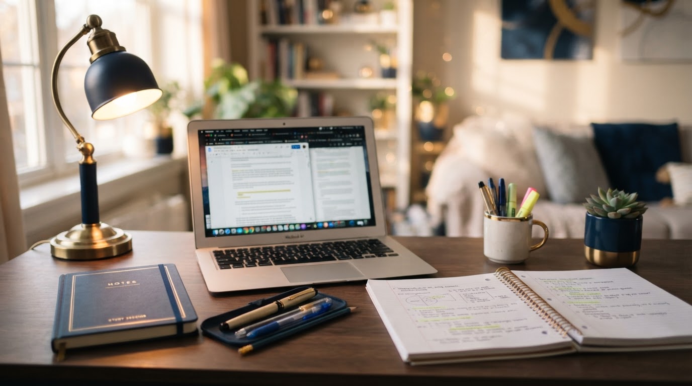 A tidy student study desk with notebooks and a laptop