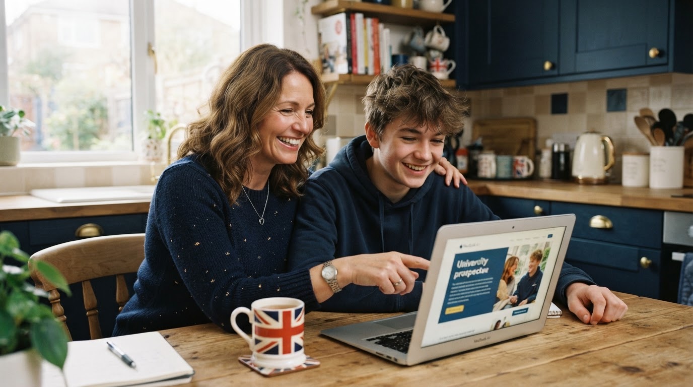 A parent and teenager looking at a laptop together at a kitchen table