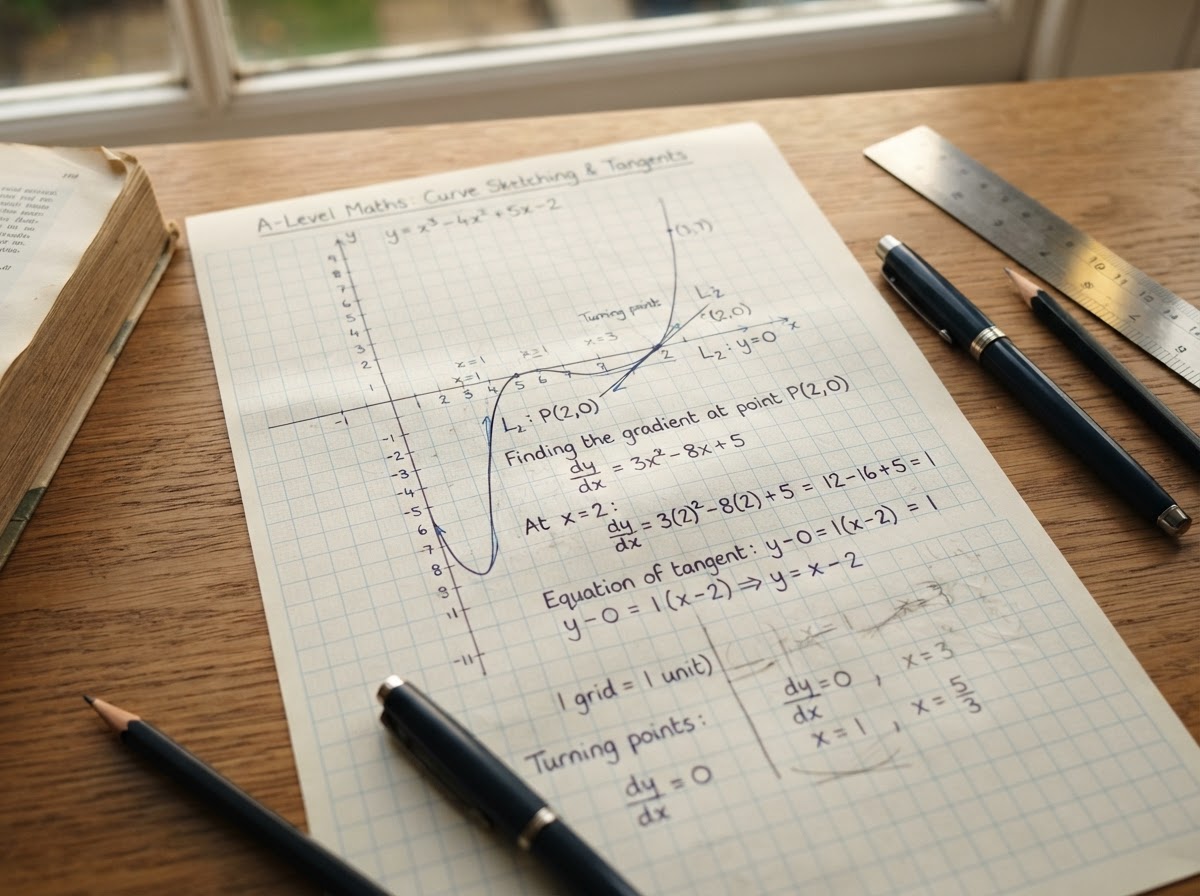 A graph of a curve with tangent lines and calculus working in pen for A-Level Maths