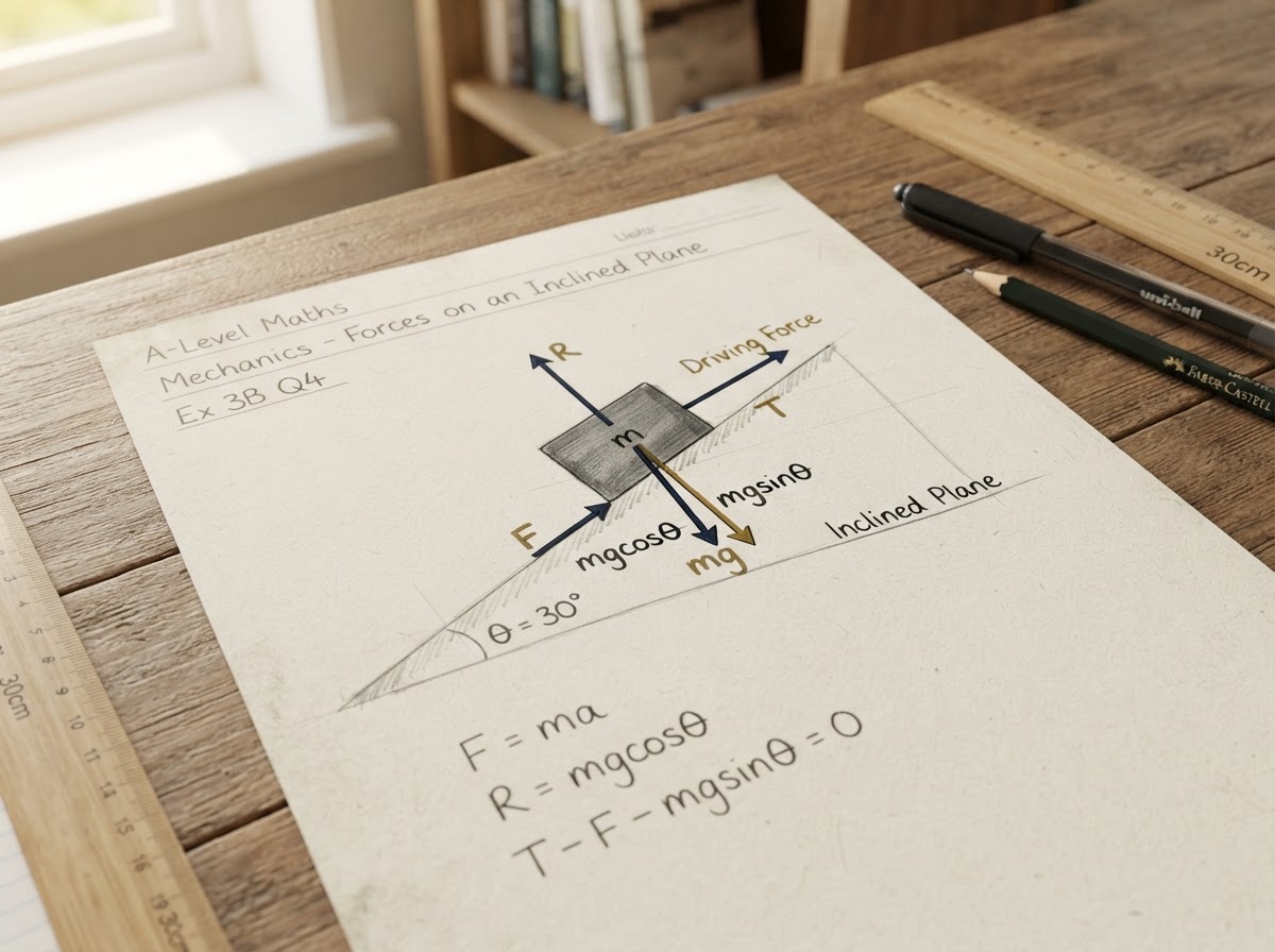 A mechanics force diagram with vectors and an inclined plane drawn for A-Level Maths