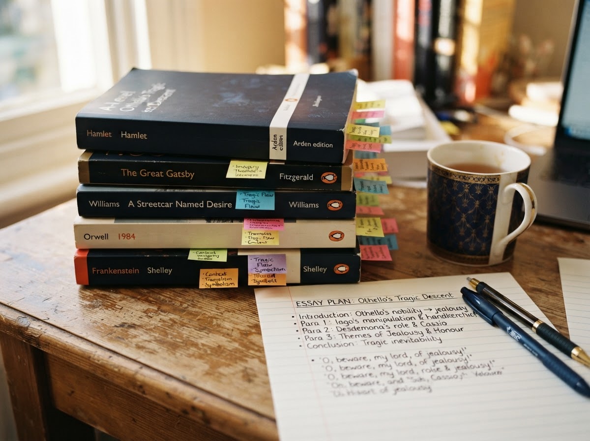 A stack of A-Level English set texts with sticky notes and an essay plan