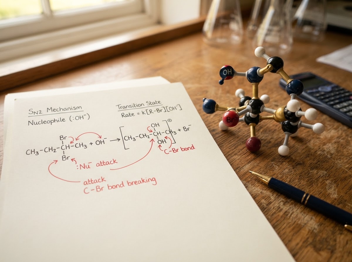 An organic reaction mechanism drawn with curly arrows on paper