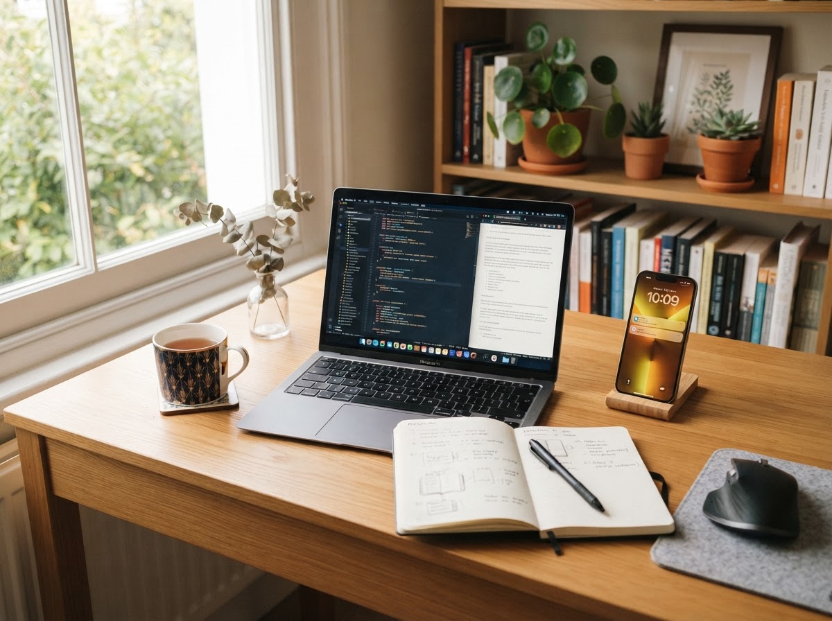 A laptop on a tidy desk showing a booking calendar