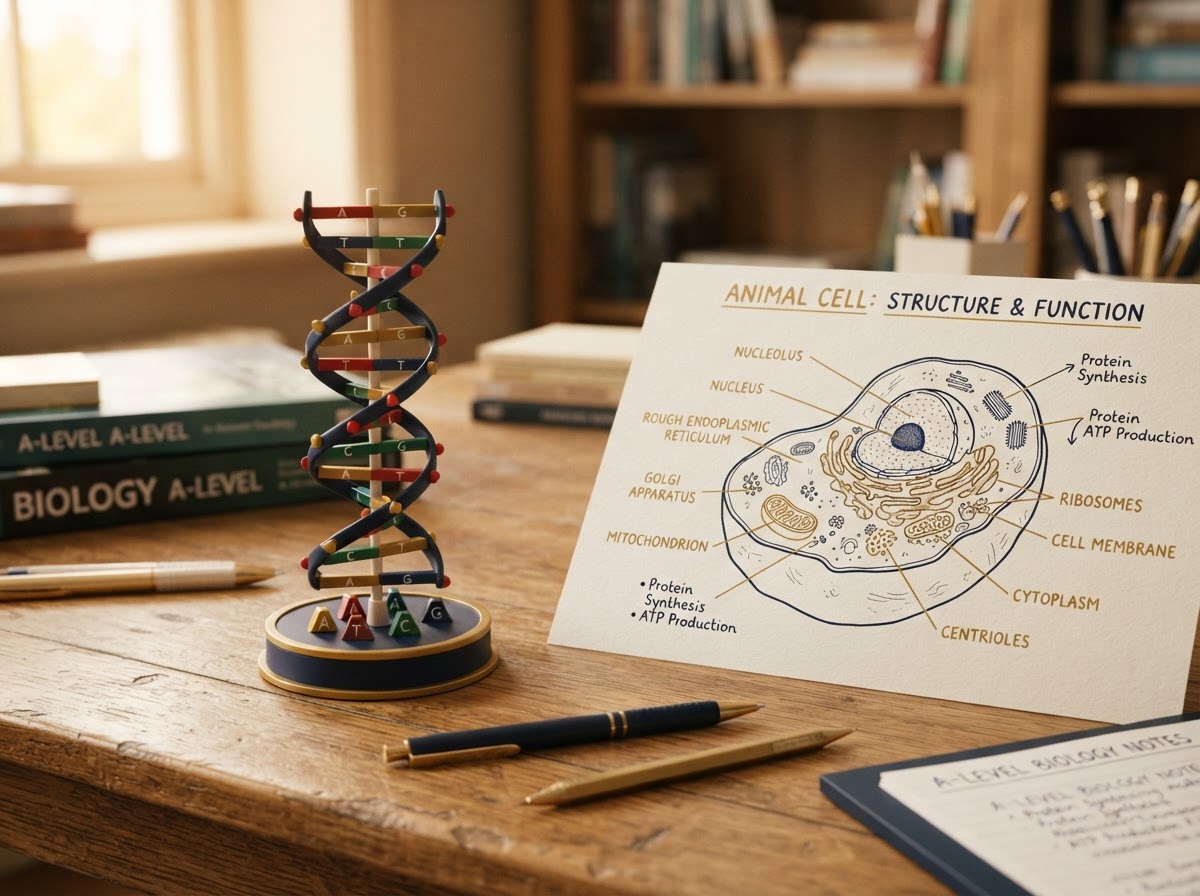 A DNA double helix model and annotated cell diagram for A-Level Biology