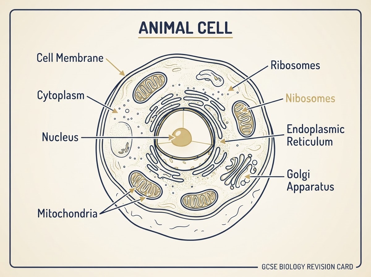 A labelled animal cell diagram used in GCSE Biology revision