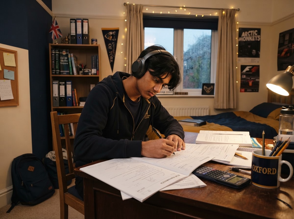 A determined student with headphones doing a past paper — illustrative