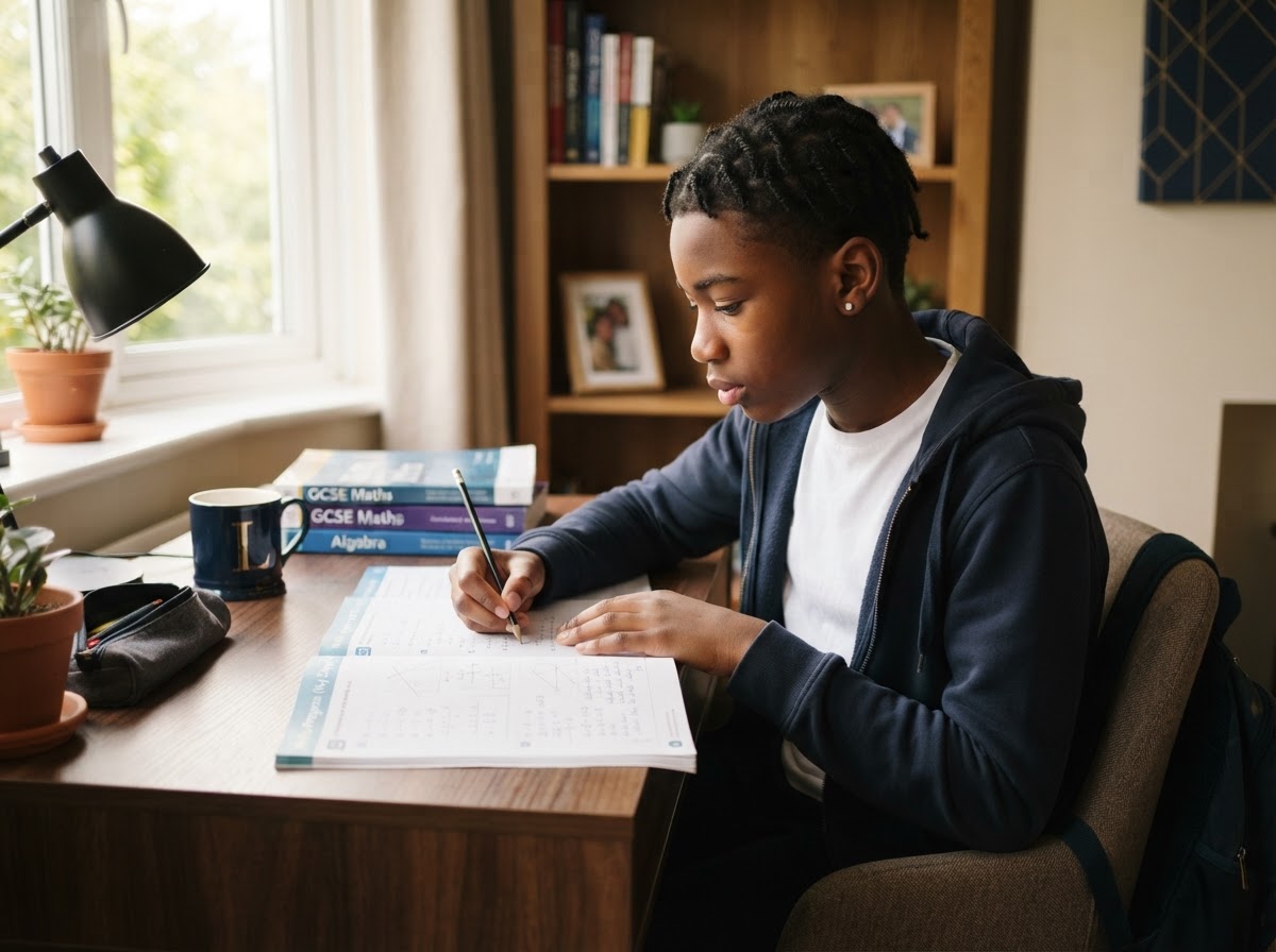 A Year 10 student working through a maths workbook at a desk