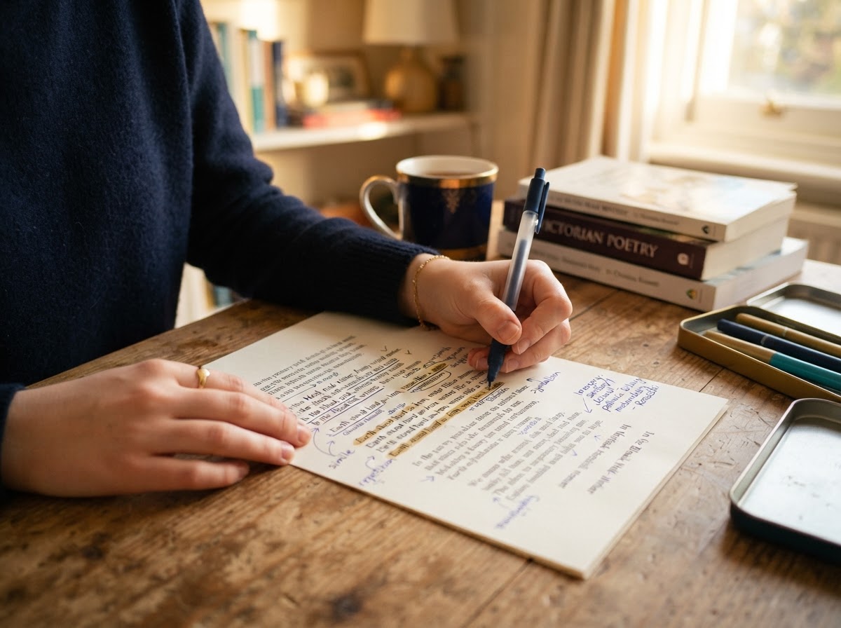 A student annotating a poem with coloured pens