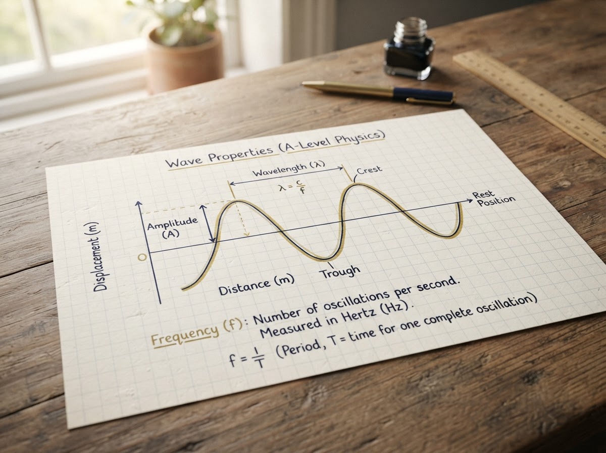 A pendulum oscillation diagram with period and amplitude labelled on a whiteboard for A-Level Physics