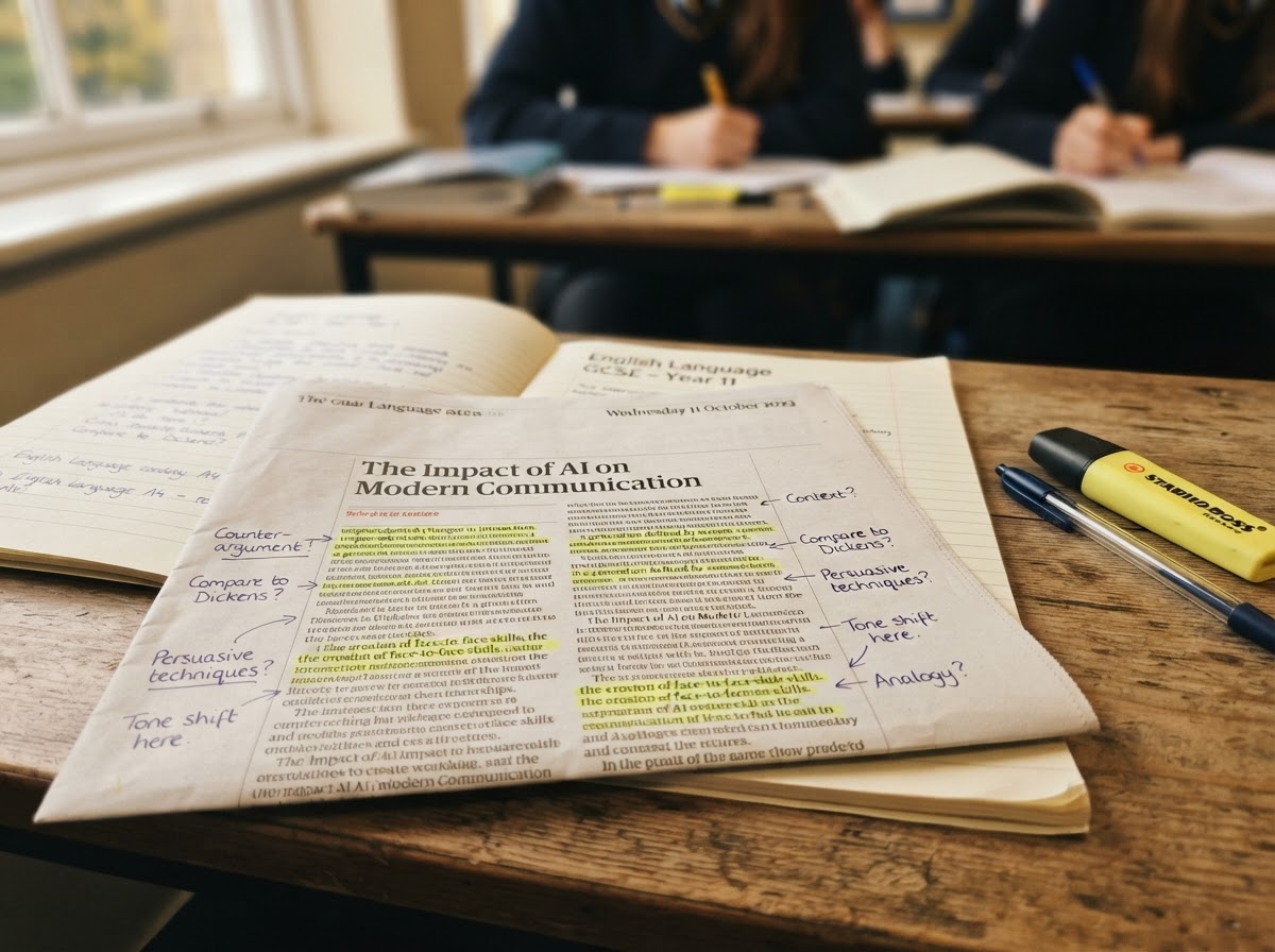 A printed newspaper article with key facts highlighted in yellow and navy-pen annotations in the margins