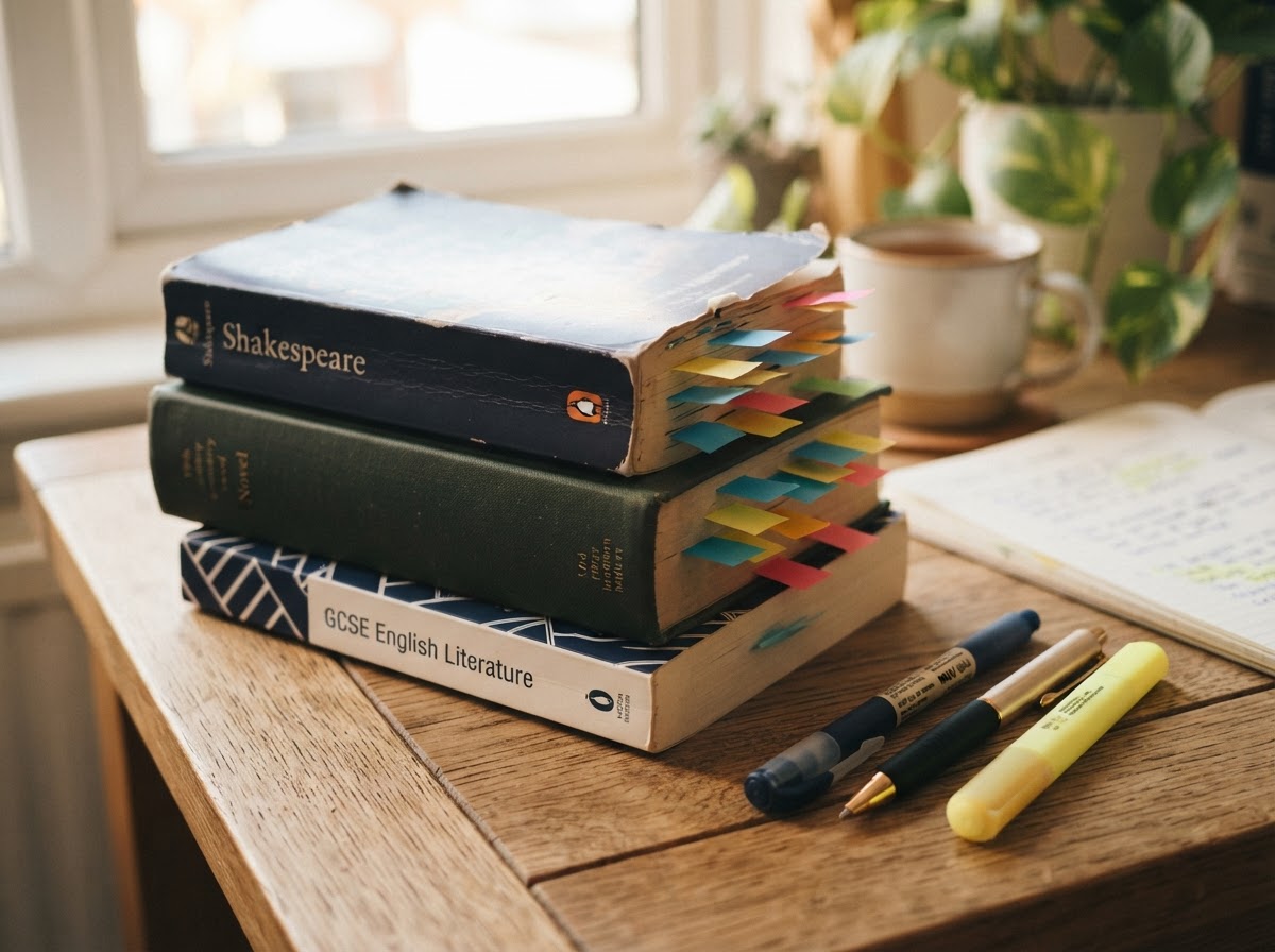A stack of GCSE English Literature set texts with colourful sticky notes tabbing key pages