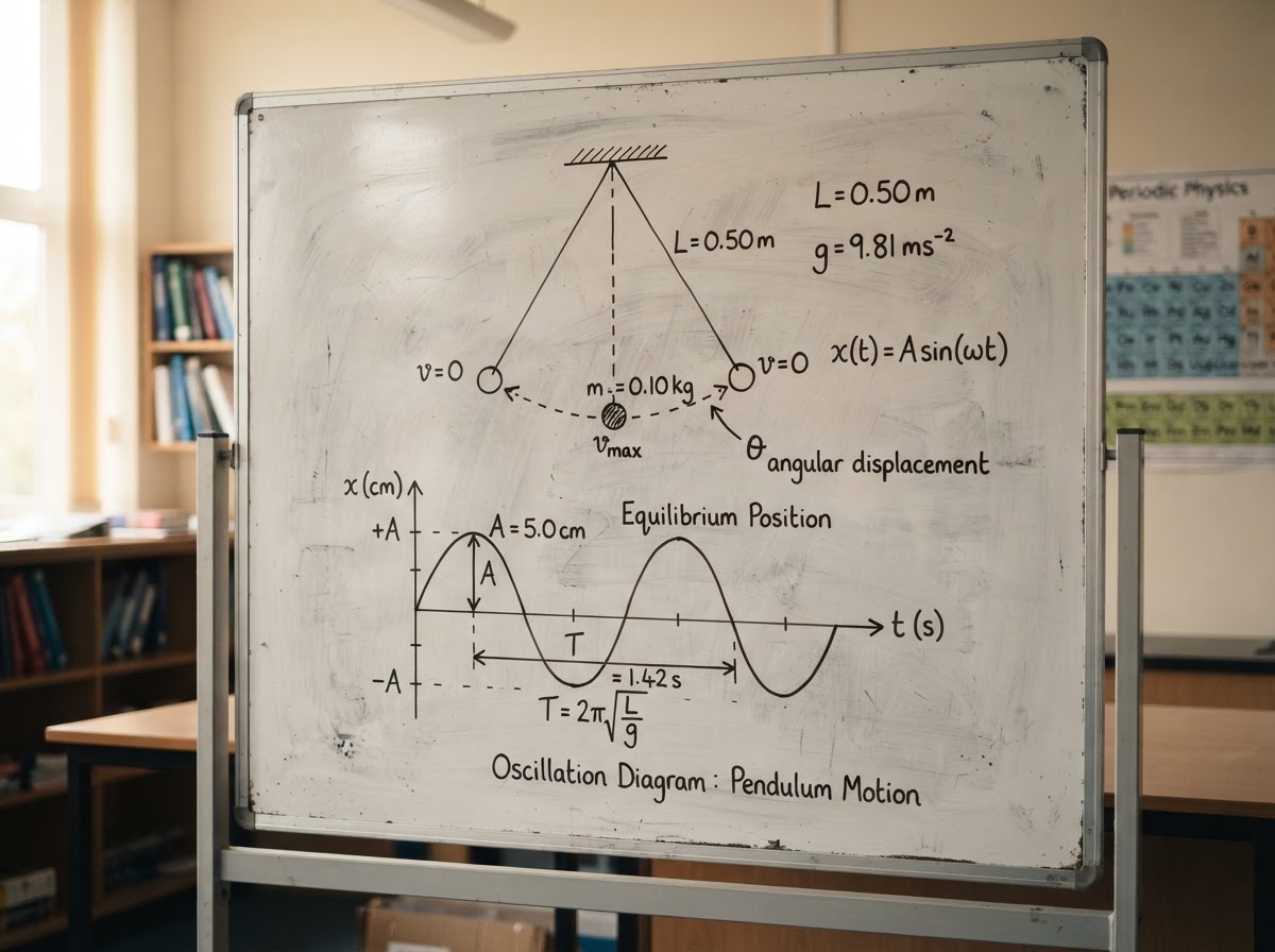 A periodic table on a study wall with chemistry notes for A-Level Chemistry