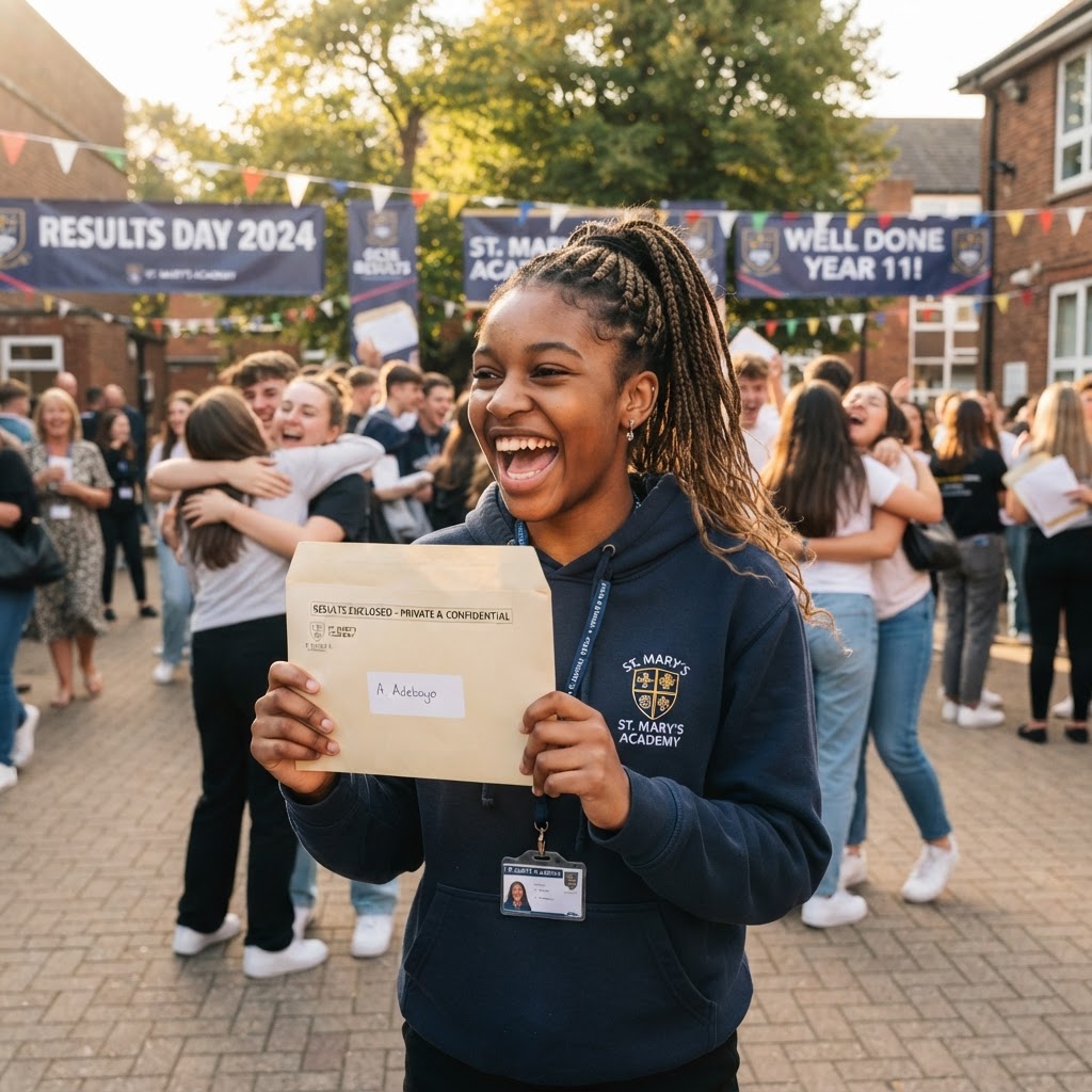 A UK student celebrating holding an envelope of exam results