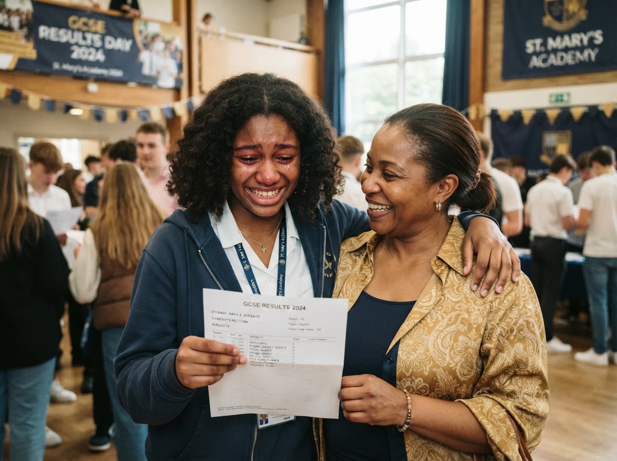UK teenager giving a thumbs up while holding results papers