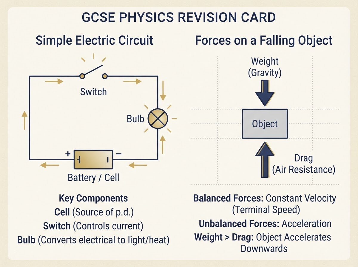 A circuit diagram and a labelled forces diagram for GCSE Physics