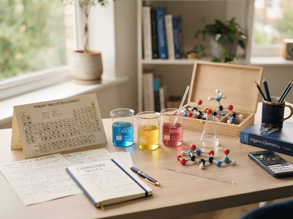 Chemistry beakers, a periodic table and a molecular model on a desk
