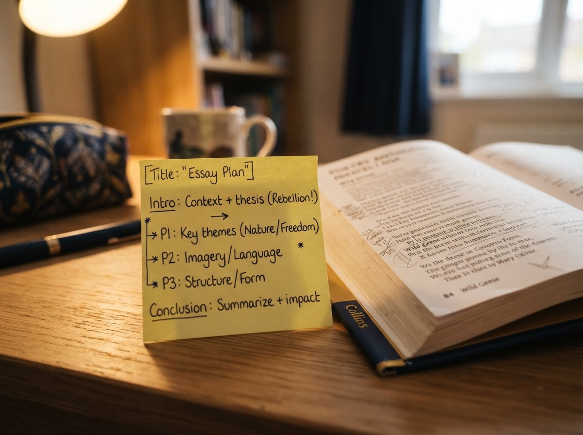 An essay plan sketched on a yellow sticky note beside an open poetry anthology