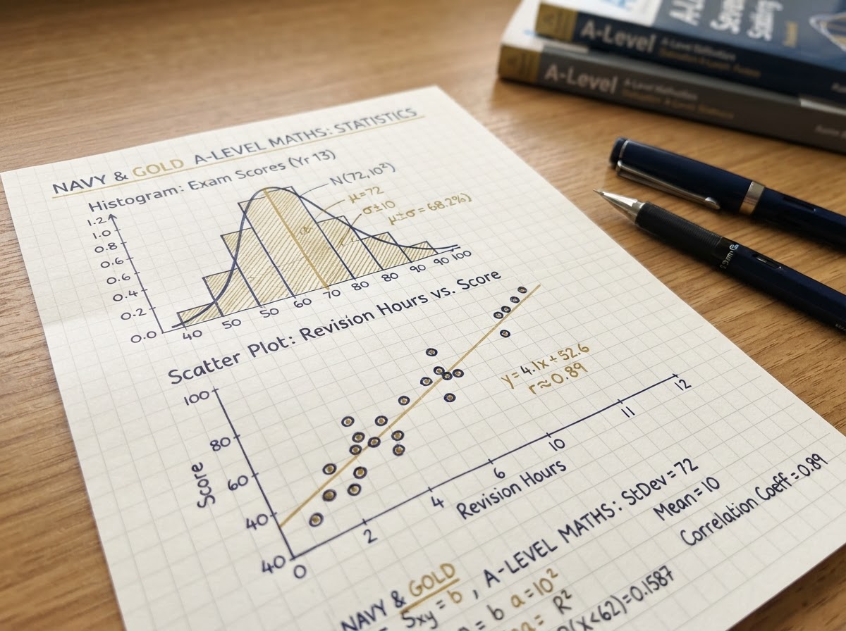 A statistics chart with a histogram and normal distribution curve hand-drawn for A-Level Maths
