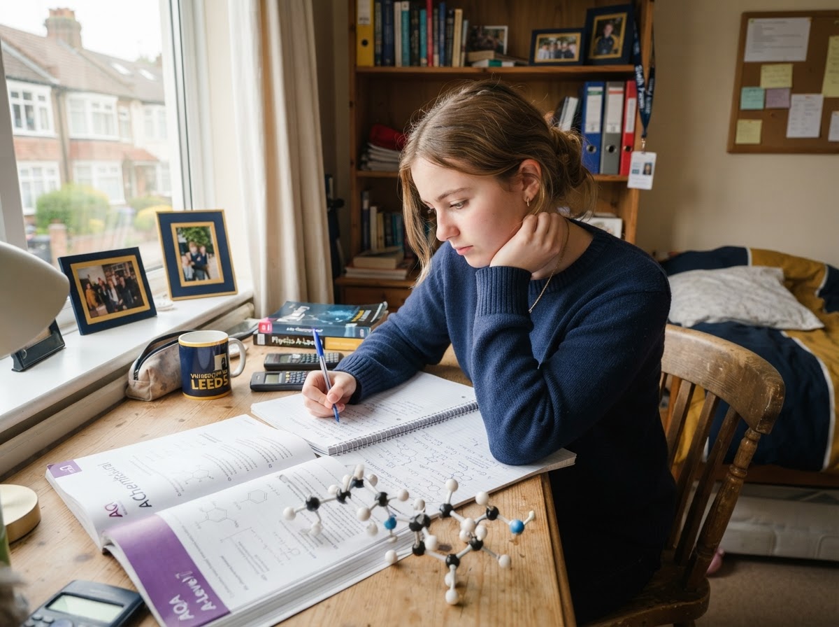 A sixth-form student studying with a chemistry textbook and molecular model