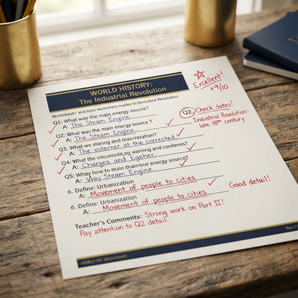 Marked homework with written feedback in red pen